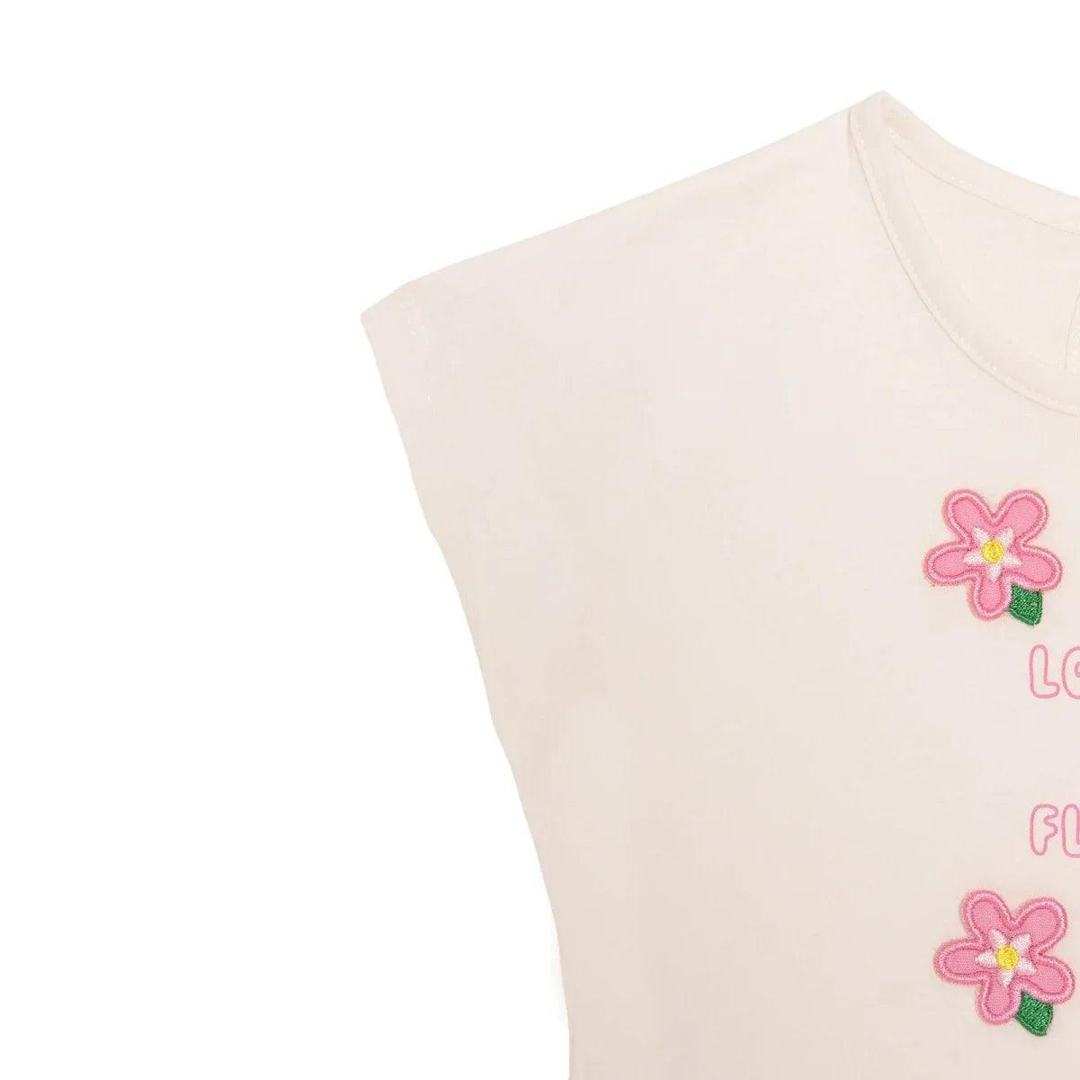 Ecru baby t-shirt with pink flower applique graphic on the front.