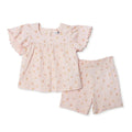 Pink floral baby top and shorts set, short flutter sleeves, gathered waist