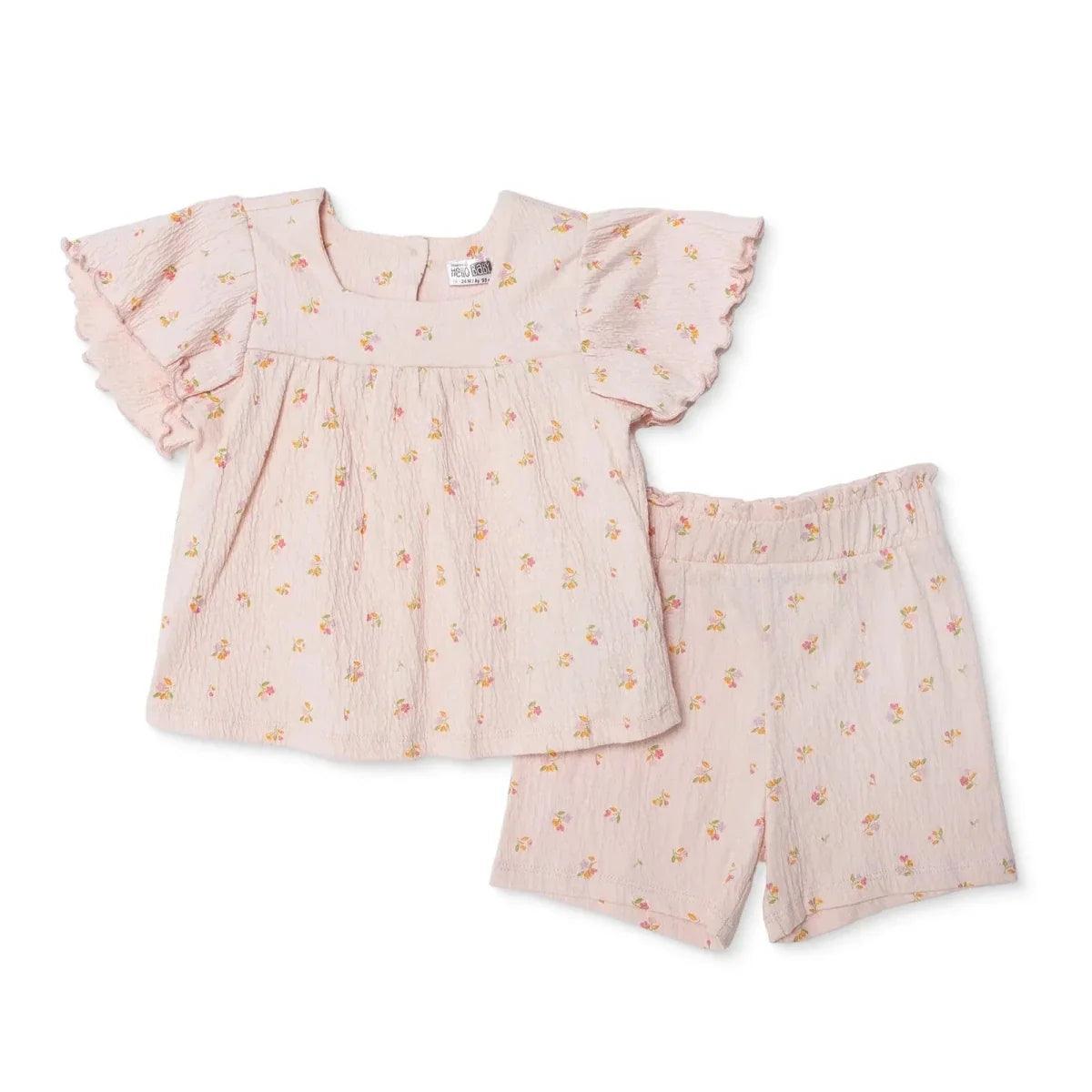 Pink floral baby top and shorts set, short flutter sleeves, gathered waist