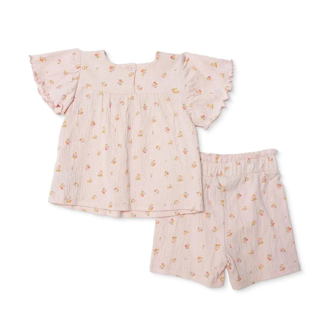 Pink floral baby top with matching shorts, flutter sleeves and elastic waist