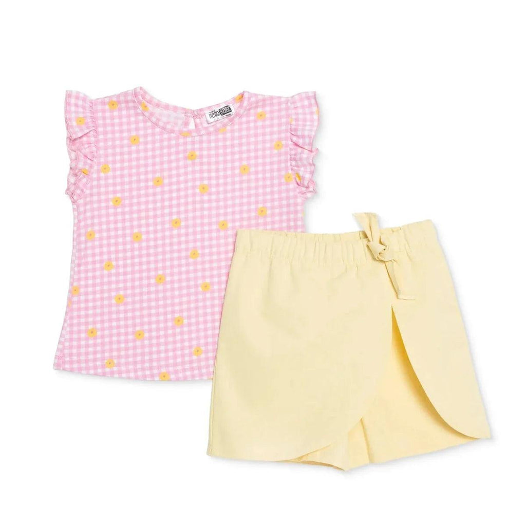 Baby top and shorts set with pink gingham daisy print and pale yellow shorts