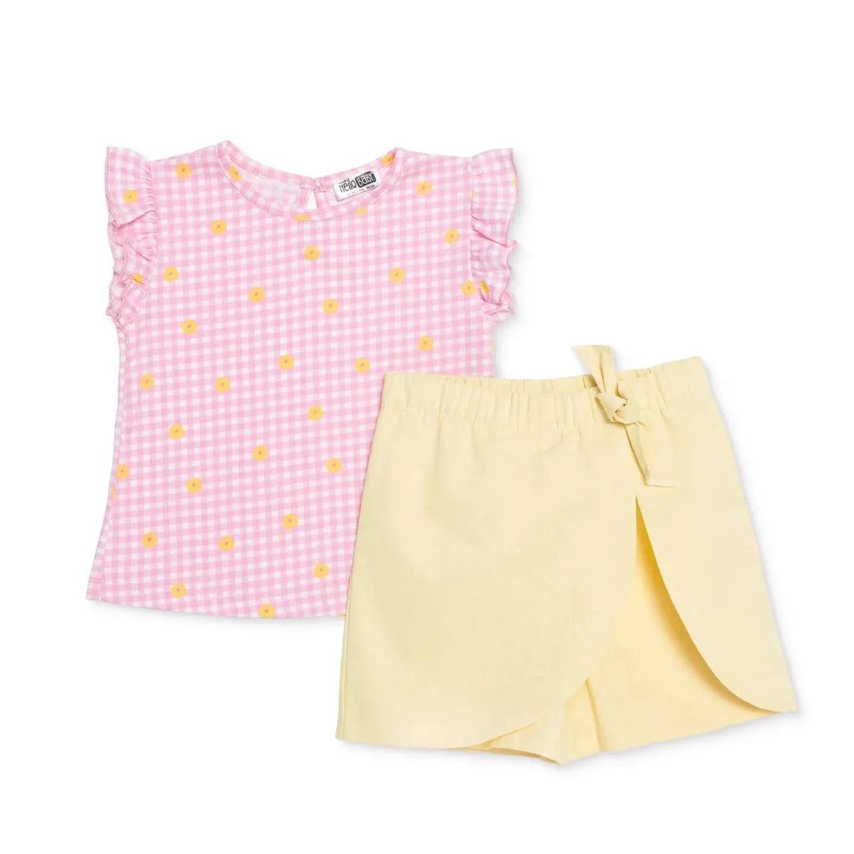 Baby top and shorts set with pink gingham daisy print and pale yellow shorts