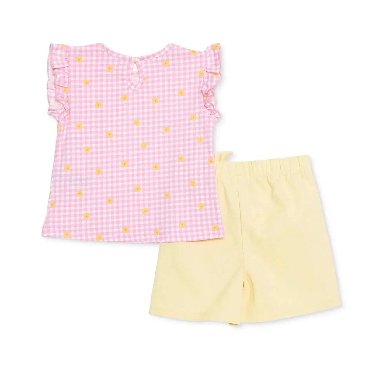 Pink gingham baby top with daisy dots and pale yellow drawstring shorts set