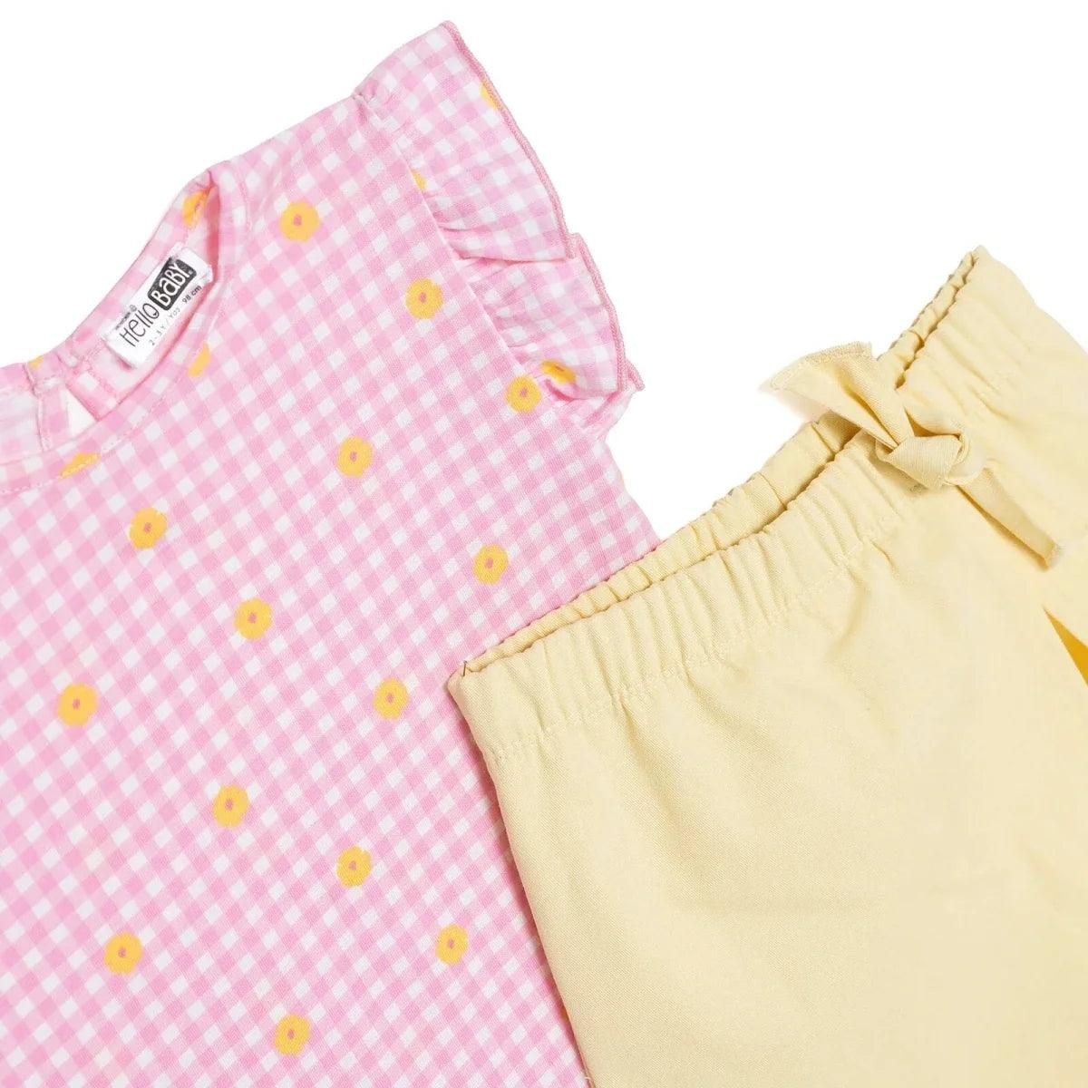 Pink gingham baby top and pale yellow shorts with bow-tied elastic waistband