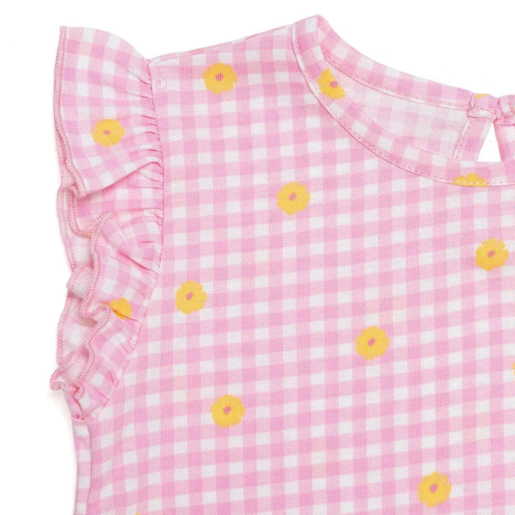 Pink gingham baby top with daisy print and ruffled flutter sleeves