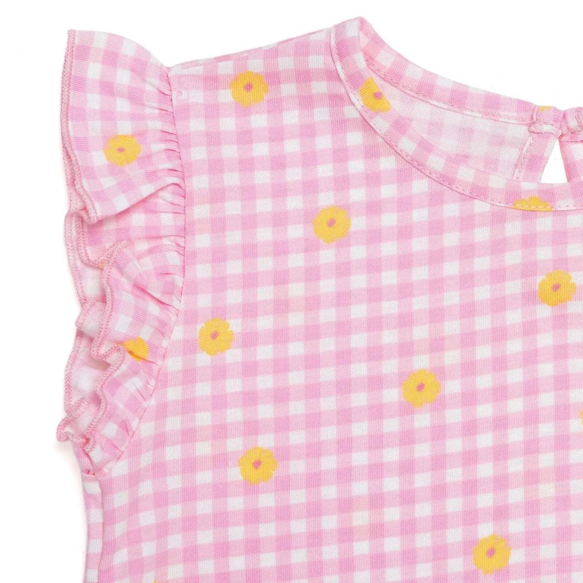 Pink gingham baby top with daisy print and ruffled flutter sleeves