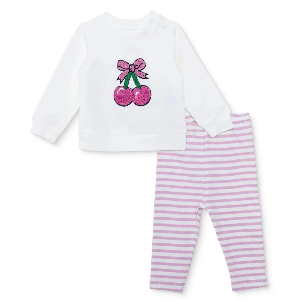 Baby sweatshirt and leggings set, white top with pink cherry applique and pink striped pants