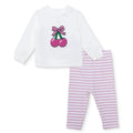 Baby sweatshirt and leggings set, white top with pink cherry applique and pink striped pants