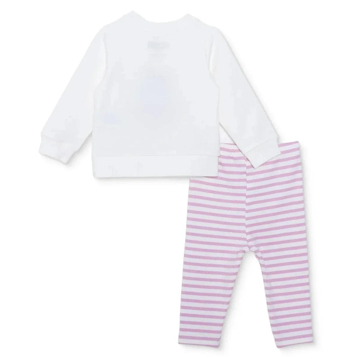 Baby sweatshirt and leggings set, white back with pink and white striped leggings