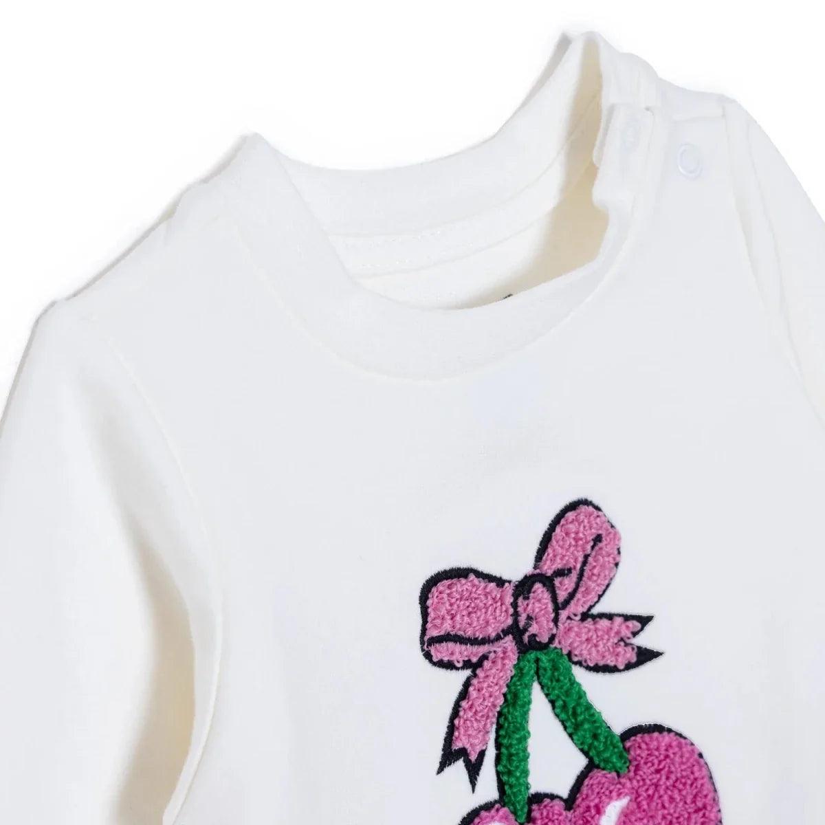Baby sweatshirt with pink cherry bow applique on white long-sleeve top
