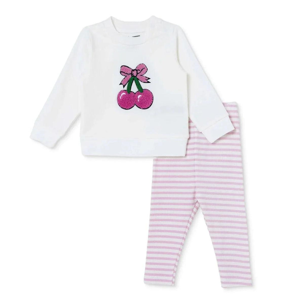 Baby sweatshirt and leggings set, white top with pink cherry applique and striped leggings