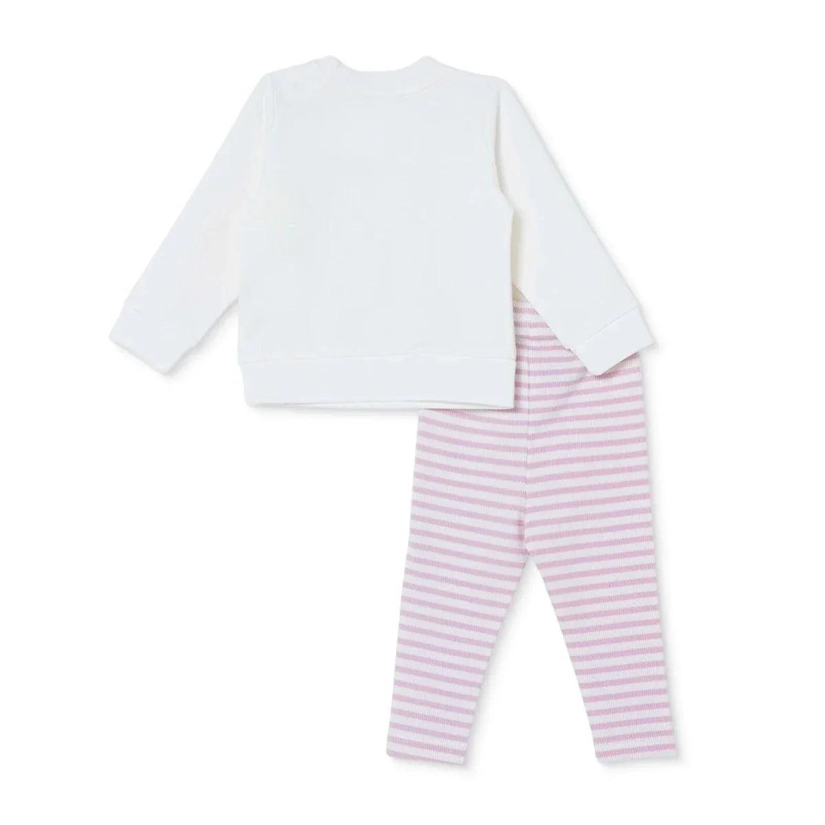 Baby sweatshirt and leggings set, white long-sleeve top with pink striped leggings