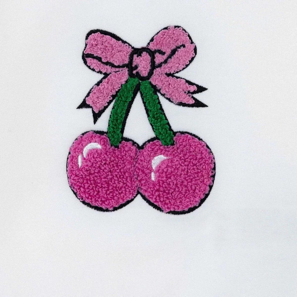 Cherry applique on white baby sweatshirt, pink cherries with green ribbon stems