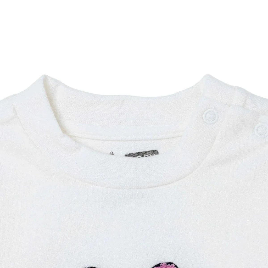 White baby sweatshirt with ribbed crew neck and snap buttons on shoulder