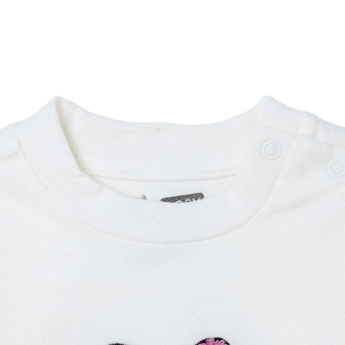 White baby sweatshirt with ribbed crew neck and snap buttons on shoulder