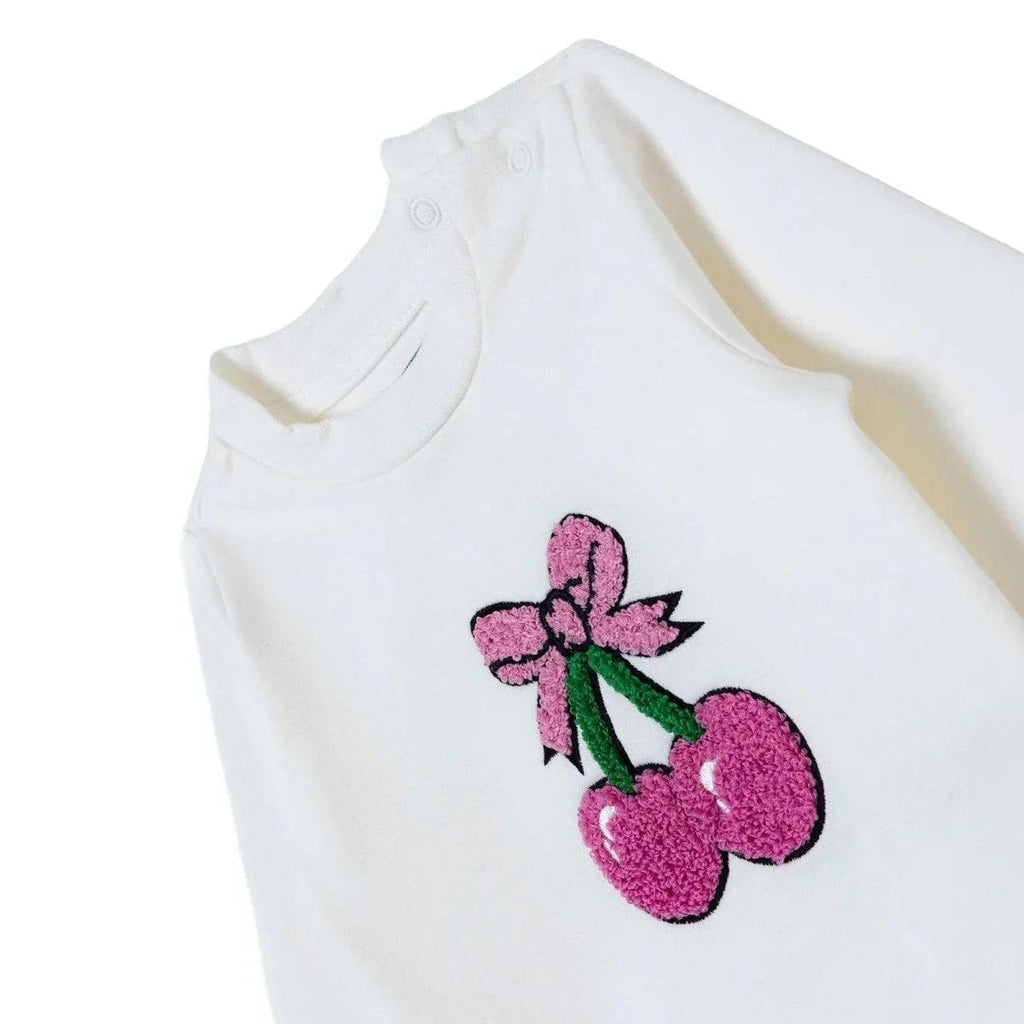 White baby sweatshirt with embroidered cherry graphic and long sleeves