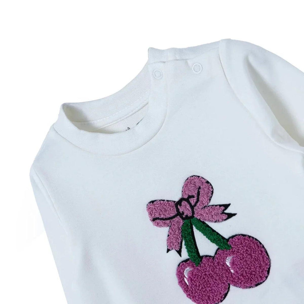 White baby sweatshirt with pink cherry applique and green stem detail