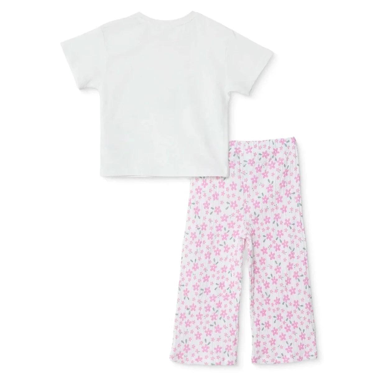 Children's short-sleeve t-shirt and floral trousers set, back view with pink flower pattern