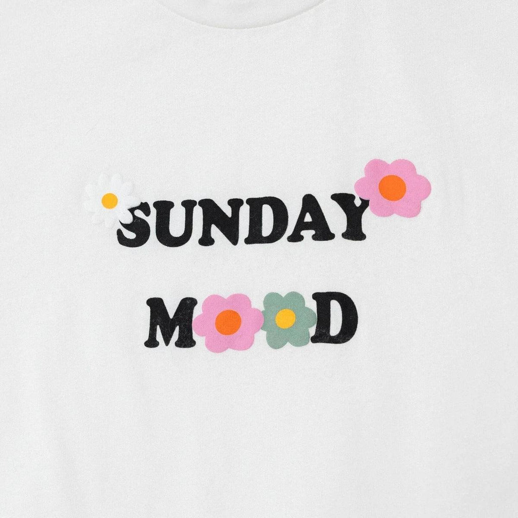 Cream t-shirt with SUNDAY and MOOD text and flower logo graphic