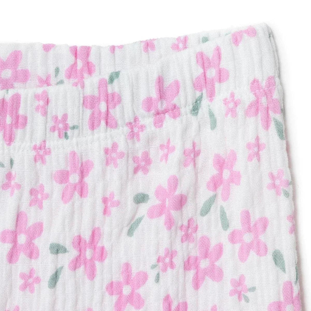 Pink and green flower print trousers with elastic waist and gathered top