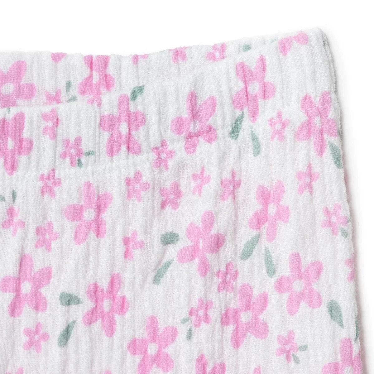 Pink and green flower print trousers with elastic waist and gathered top