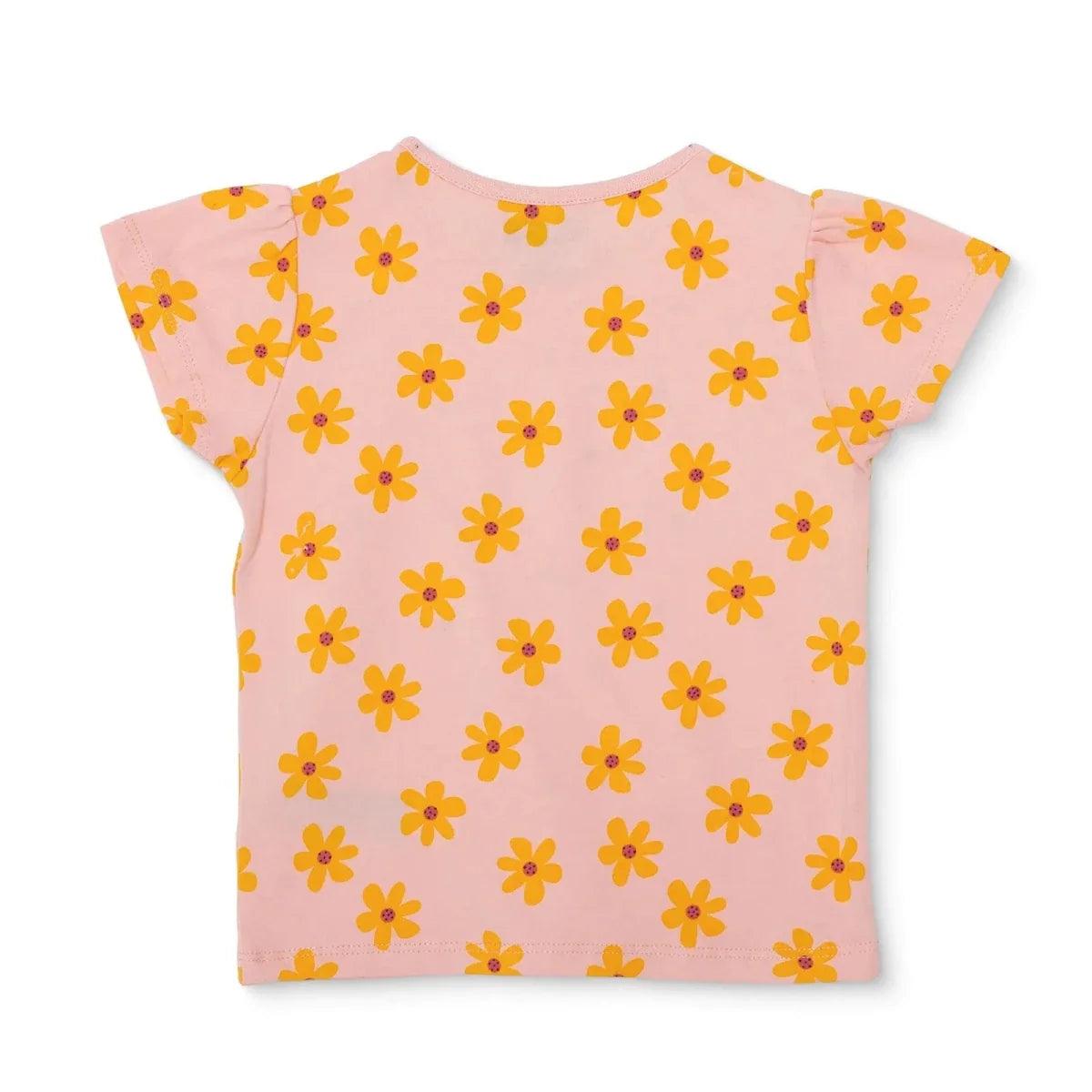 HelloBaby short-sleeve jersey baby T-shirt back view, salmon with orange-yellow flowers