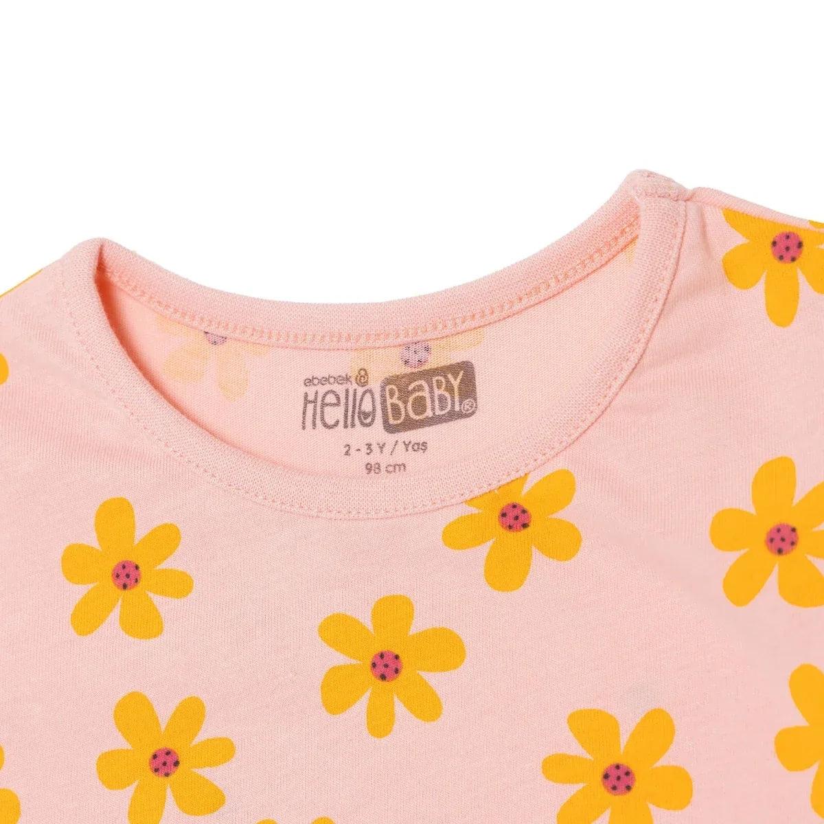 HelloBaby baby T-shirt crew neck close-up in salmon with orange-yellow flower pattern