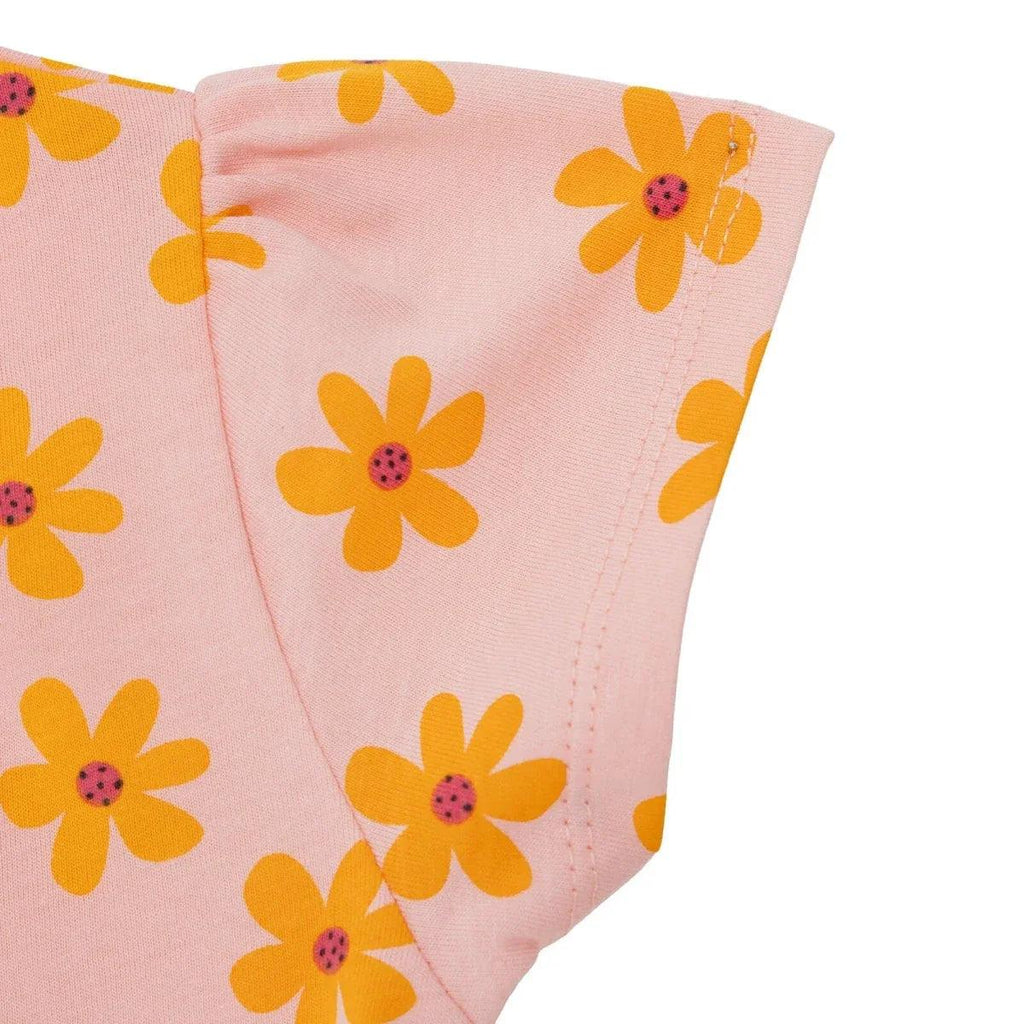 HelloBaby baby T-shirt sleeve seam close-up in salmon with orange-yellow flowers