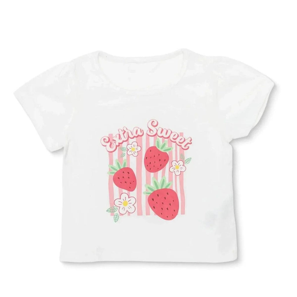 Ecru baby jersey T-shirt with strawberry-and-flower front graphic, short sleeves