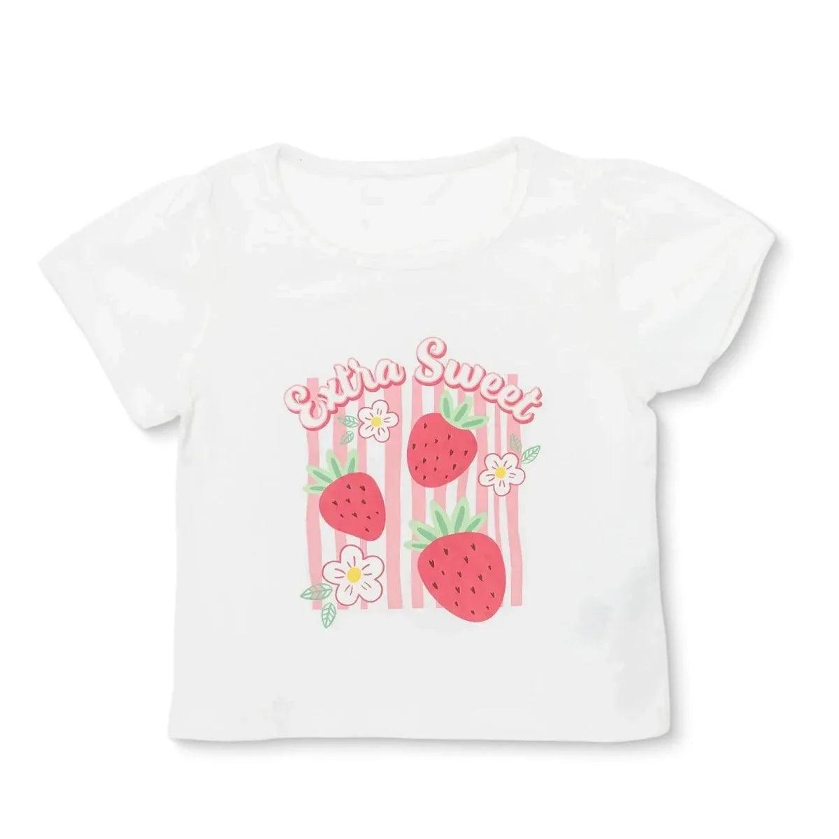 Ecru baby jersey T-shirt with strawberry-and-flower front graphic, short sleeves