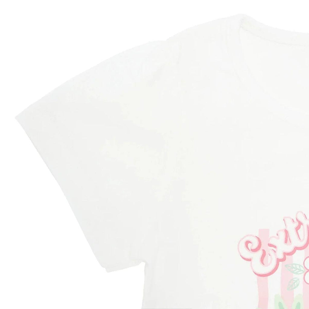 Ecru baby jersey T-shirt back view with partial pink graphic at hem