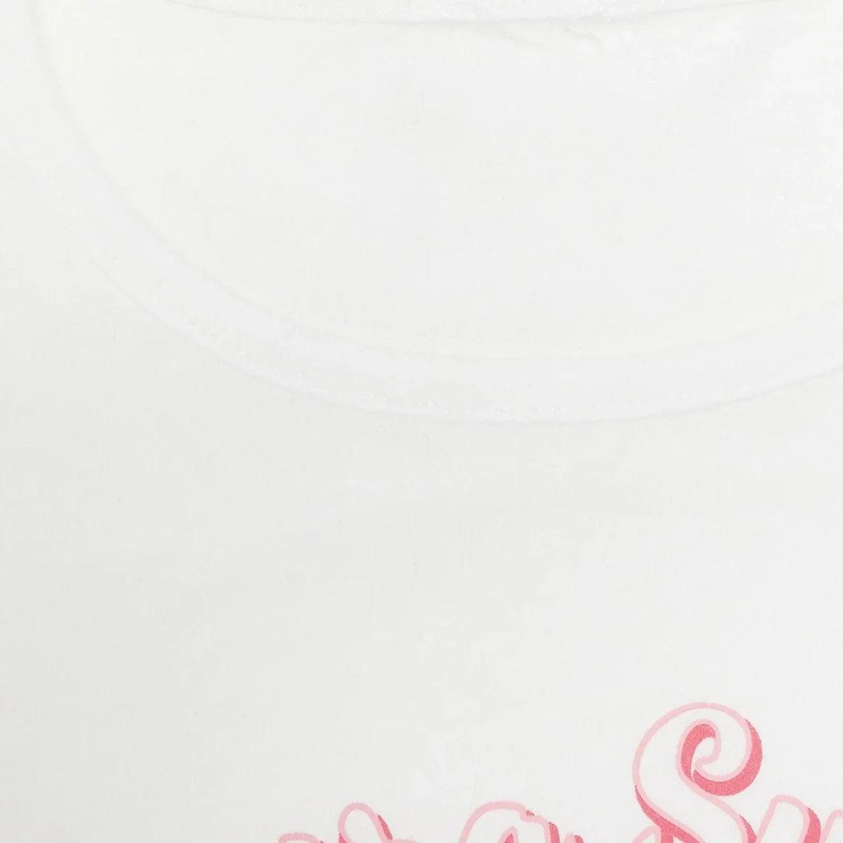 Ecru baby jersey T-shirt crew neck with partial pink graphic near hem