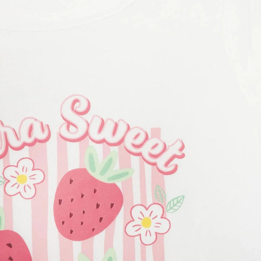 Ecru baby jersey T-shirt showing pink 'Sweet' lettering and strawberry stripe print