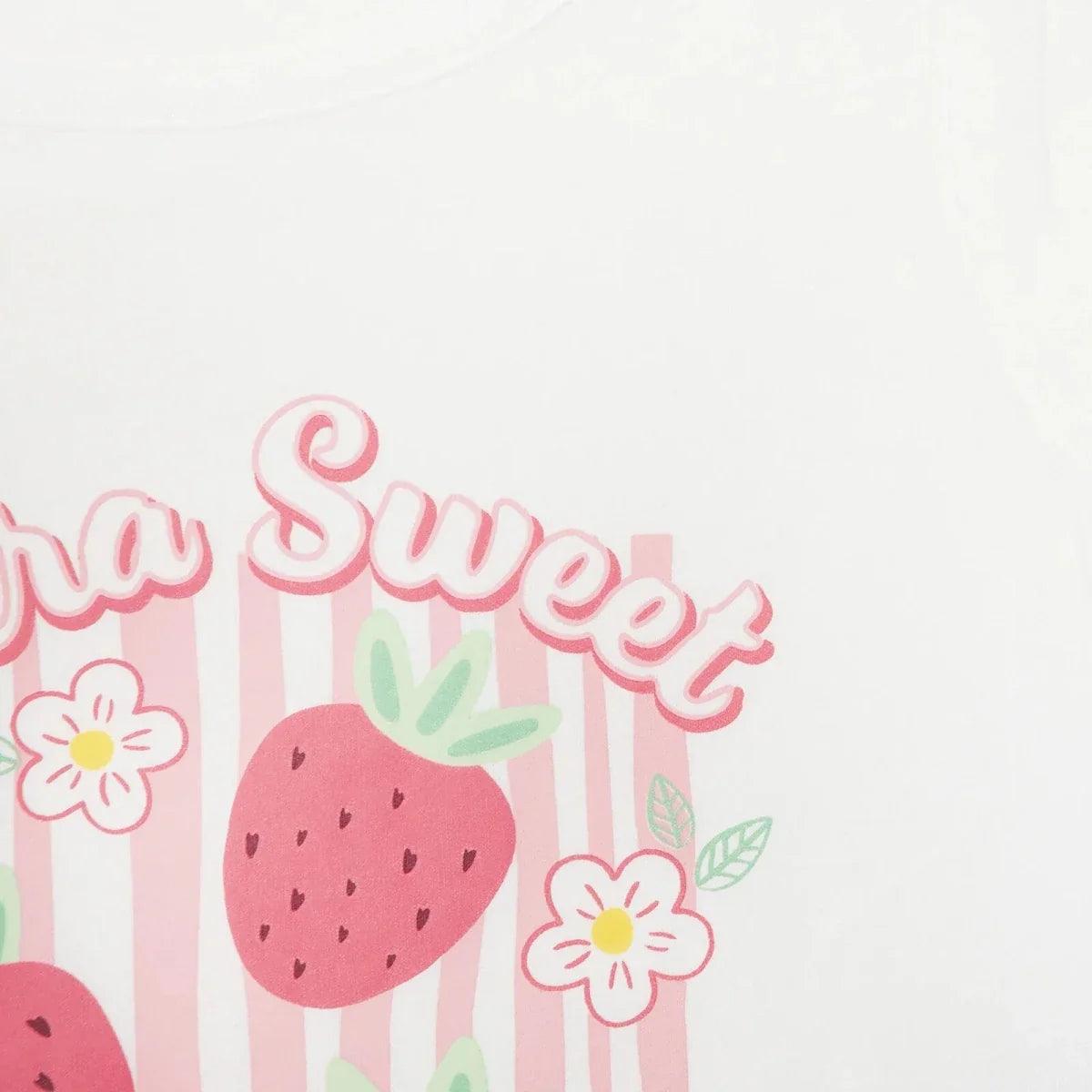 Ecru baby jersey T-shirt showing pink 'Sweet' lettering and strawberry stripe print