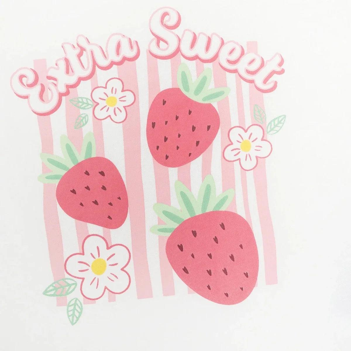 Ecru baby jersey T-shirt with large 'Extra Sweet' strawberry and flower panel graphic