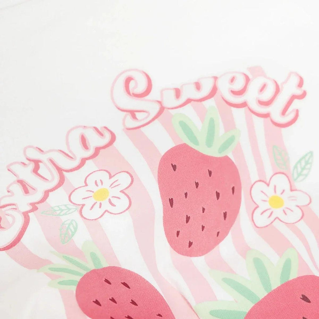 Ecru baby jersey T-shirt close-up of strawberry print and 'Sweet' lettering