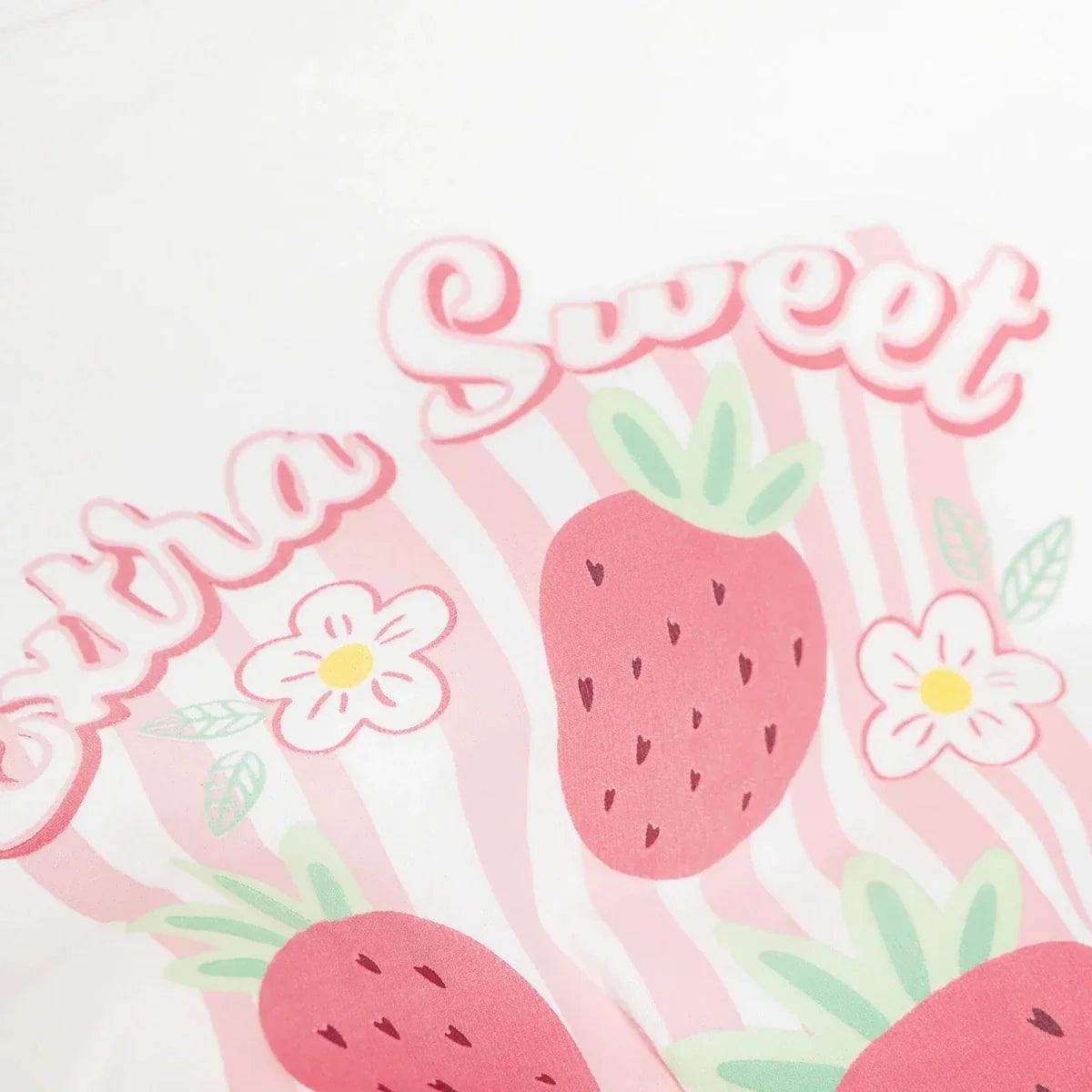 Ecru baby jersey T-shirt close-up of strawberry print and 'Sweet' lettering
