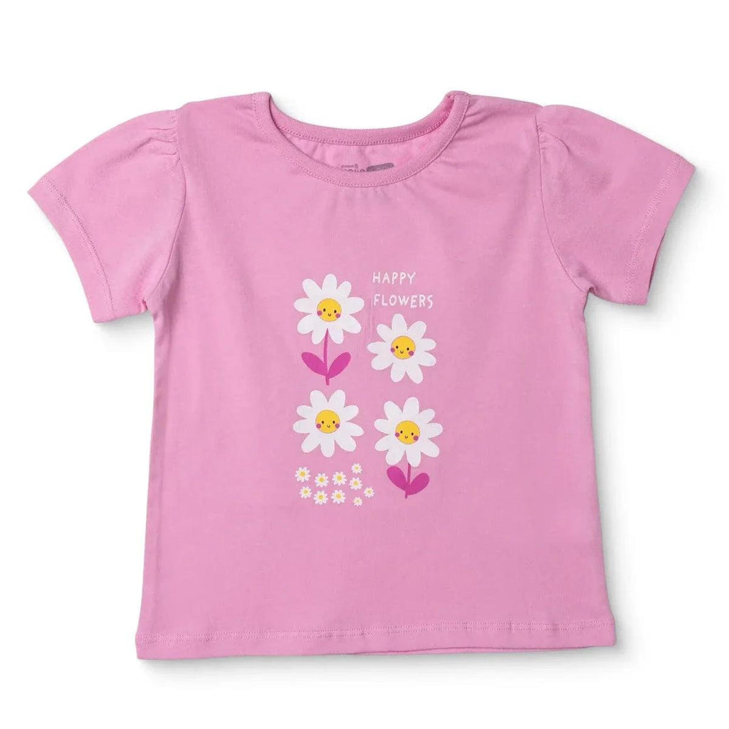 Lilac short-sleeve baby T-shirt with "Happy Flowers" daisy graphic