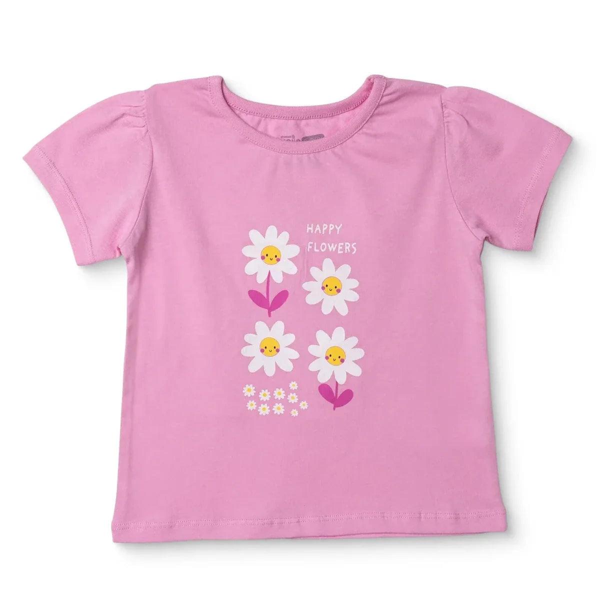 Lilac short-sleeve baby T-shirt with "Happy Flowers" daisy graphic