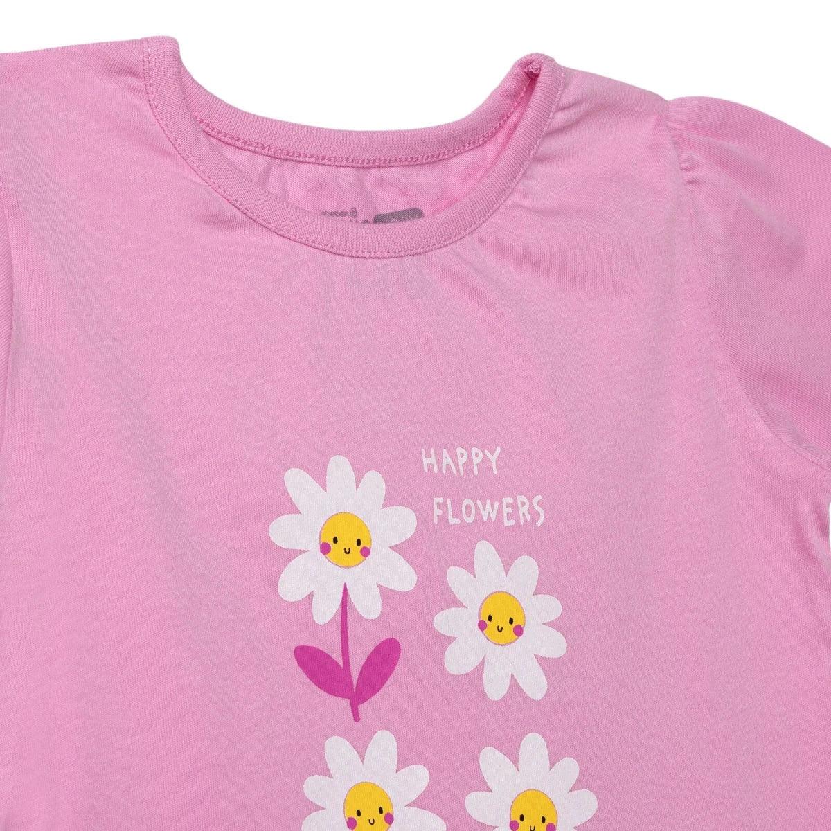 Lilac baby T-shirt with "Happy Flowers" daisy and smiling face graphic