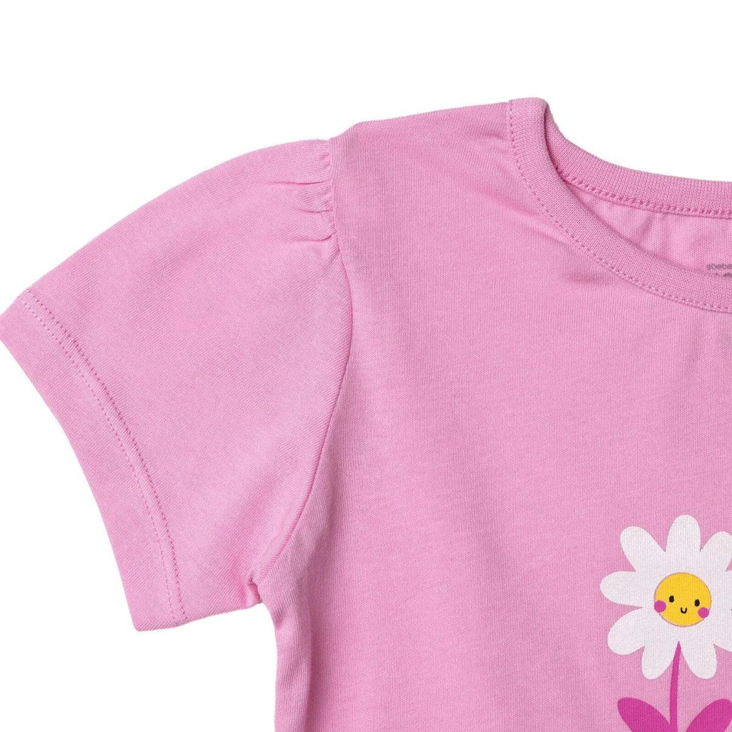 Lilac short-sleeve baby T-shirt with partial daisy flower print near hem