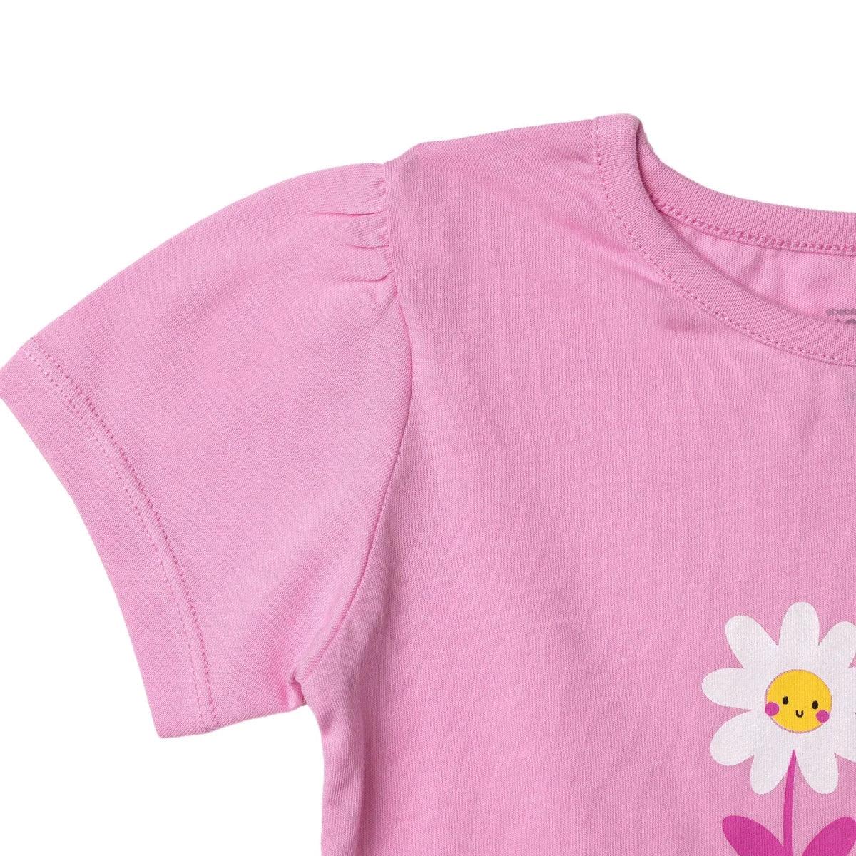 Lilac short-sleeve baby T-shirt with partial daisy flower print near hem