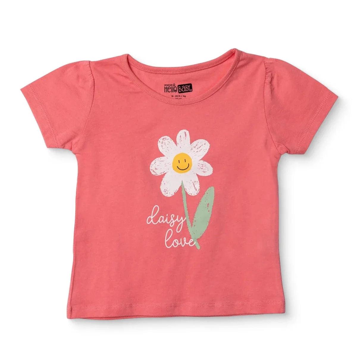 Coral baby short-sleeve jersey T-shirt with daisy graphic and smiley flower print
