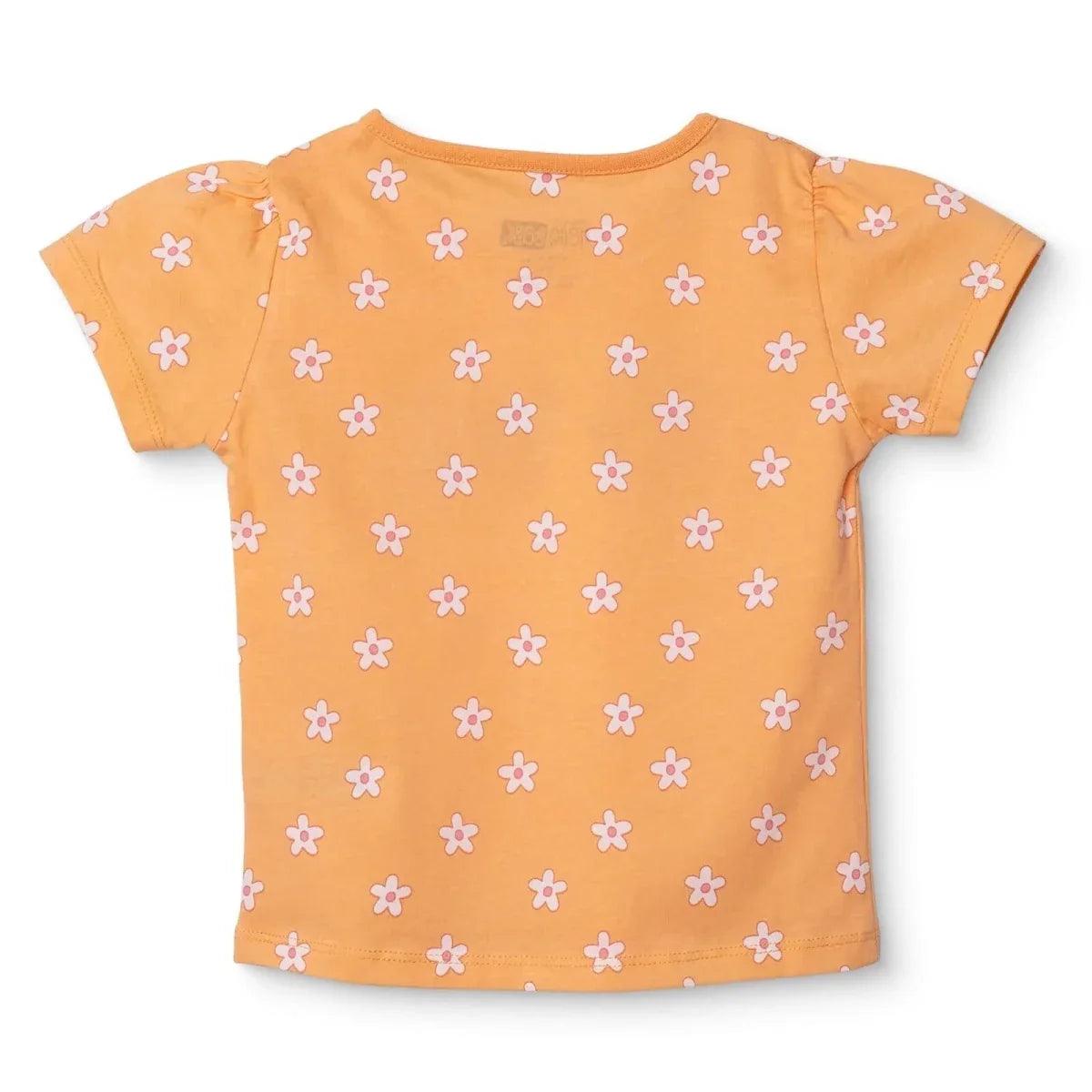 Salmon orange baby jersey T-shirt with crew neck and all-over flower pattern