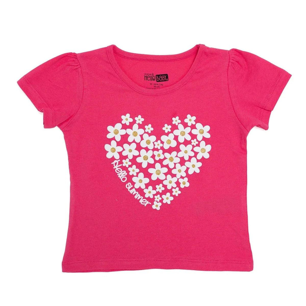 Pink short-sleeve baby T-shirt with floral "Hello summer" graphic on front