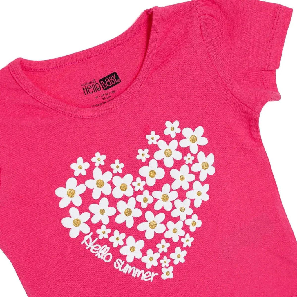 Pink baby T-shirt close-up: floral heart graphic and "Hello summer" text