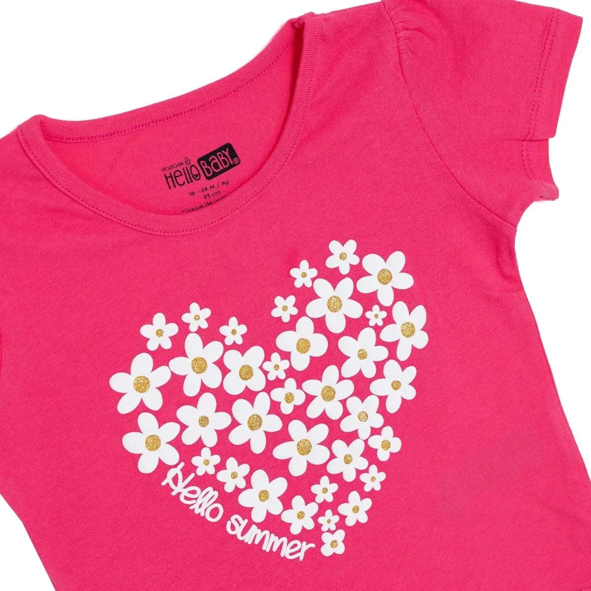 Pink baby T-shirt close-up: floral heart graphic and "Hello summer" text