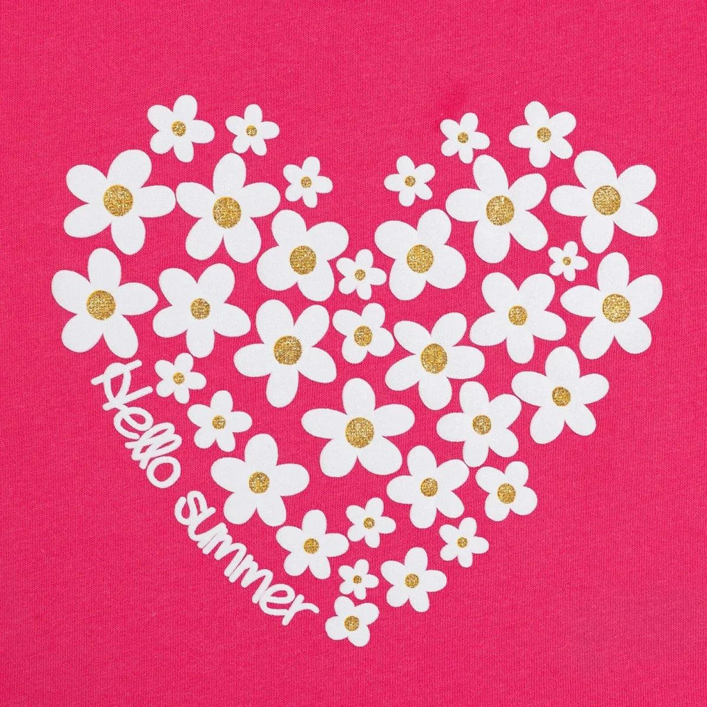 Pink T-shirt front graphic of white-and-gold flowers with "Hello summer" text