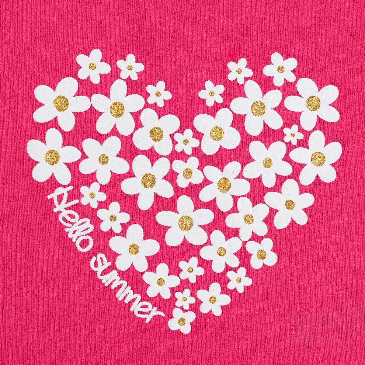 Pink T-shirt front graphic of white-and-gold flowers with "Hello summer" text