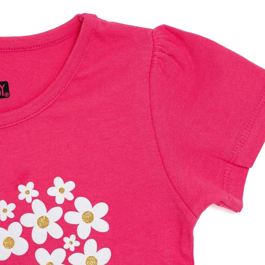 Pink short-sleeve baby T-shirt with crew neck and partial flower heart print